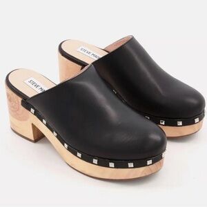 Steve Madden Black Leather Platform Clogs Studded Wooden Heel Mules Size 6.5